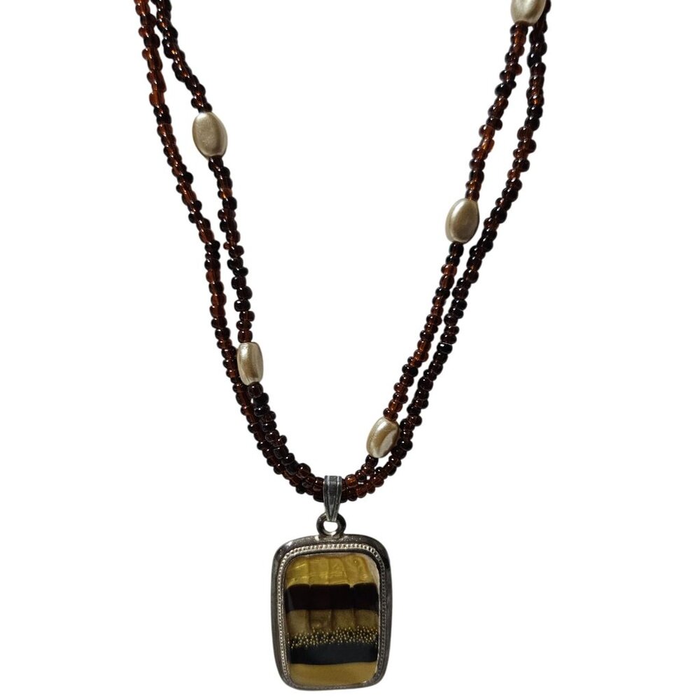 Handcrafted Glass Pendant Beaded Necklace Brown Yellow Seed Beads Jewelry Women